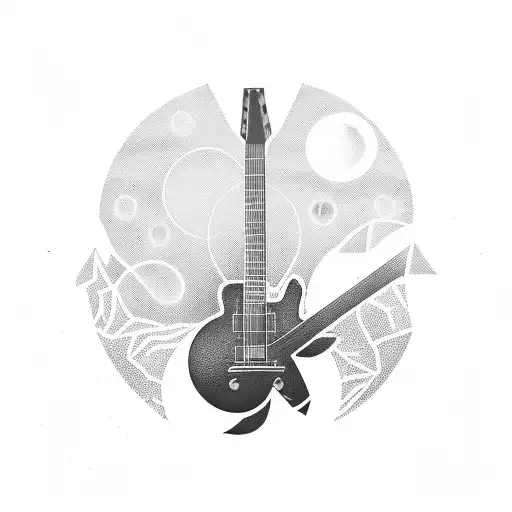 A mesmerizing black-grey tattoo of a vinyl record with a sunset silhouette of a student playing guitar on the beach tattoo design idea