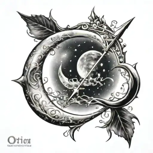 a crescent moon which acts as a bow and arrow piercing orion constellation tattoo design idea