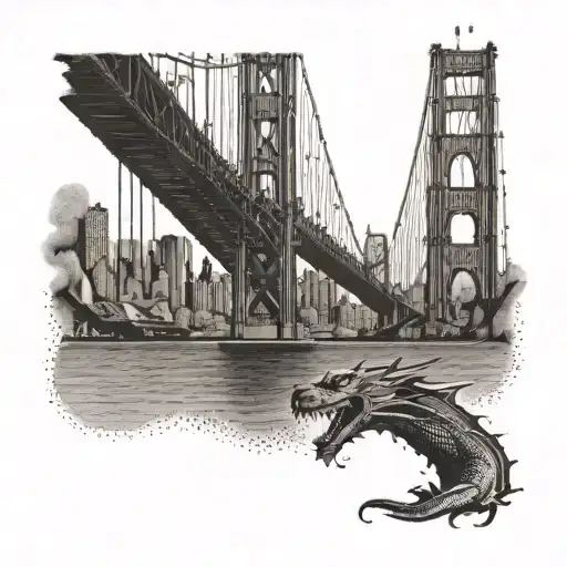 A silhouette of the Golden Gate Bridge with a dragon wrapping around it tattoo design idea