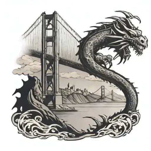 A silhouette of the Golden Gate Bridge with a dragon wrapping around it tattoo design idea