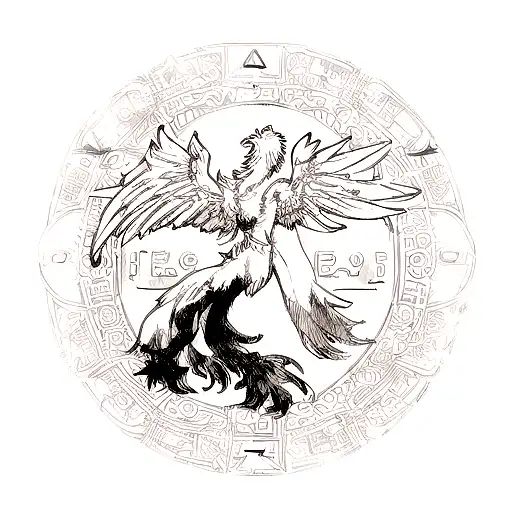 A blackwork tattoo of a majestic phoenix rising from the ashes, symbolizing rebirth and resilience, with the words 'Cold Mind' incorporated in an elegant font. tattoo design idea