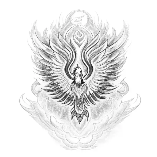 A blackwork tattoo of a majestic phoenix rising from the ashes, symbolizing rebirth and resilience, with the words 'Cold Mind' incorporated in an elegant font. tattoo design idea