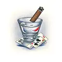 A traditional style tattoo of a cigar and a glass of whiskey with playing cards and poker chips around them tattoo design idea