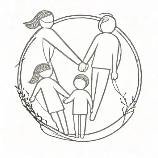 A minimalist tattoo design of a mother and her three kids holding hands in a circle, with the initials 'MA' subtly incorporated into the design, symbolizing the unbreakable bond of family tattoo design idea