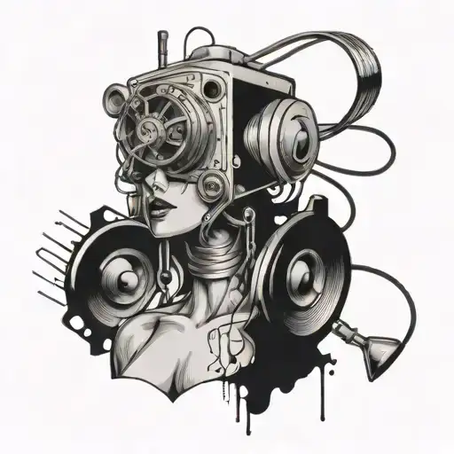 including a 1950s-style female cyborg, an abstract squiggle, and four small items that look like stereo speakers tattoo design idea