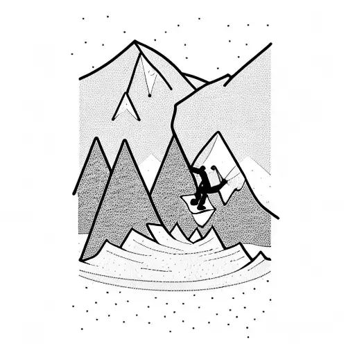 mountains with snowboarding man and hiking tattoo design idea