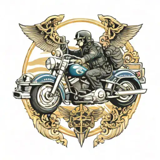 Police and Marine riding Harley's with a Japanese and Masonic emblem on each motorcycle tattoo design idea