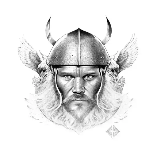 Face of a viking warrior wearing a helmet surmounted by a golden eagle tattoo design idea