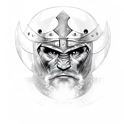 Face of a viking warrior wearing a helmet surmounted by a golden eagle tattoo design idea
