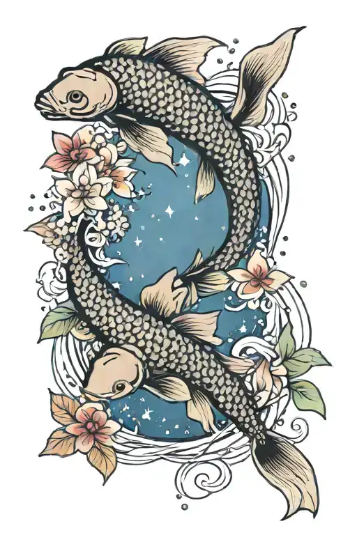 A traditional Japanese-inspired tattoo of a koi fish swimming upstream symbolizing perseverance, with astrological constellations in the background tattoo design idea