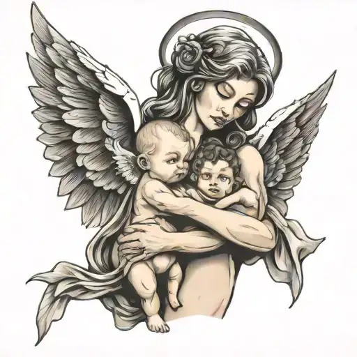 warrior angel holding baby  tattoo design idea