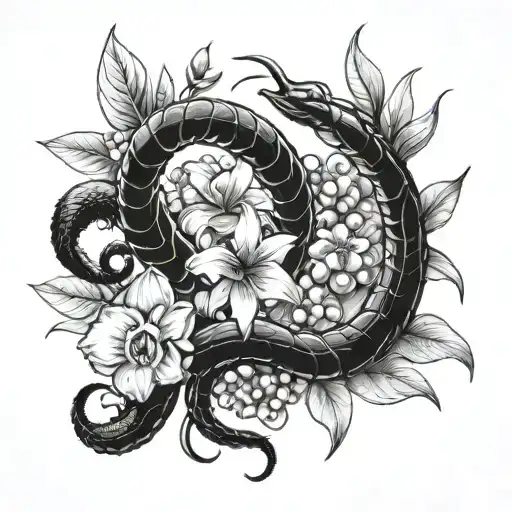 scorpion and snake with a chef knife and some vegitables and fruits with orchid flowers and two angels  tattoo design idea
