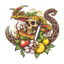 scorpion and snake with a chef knife and some vegitables and fruits with orchid flowers and two angels  tattoo design idea