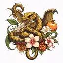 scorpion and snake with a chef knife and some vegitables and fruits with orchid flowers and two angels  tattoo design idea