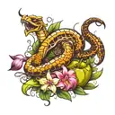 scorpion and snake with a chef knife and some vegitables and fruits with orchid flowers and two angels  tattoo design idea
