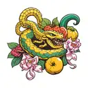 scorpion and snake with a chef knife and some vegitables and fruits with orchid flowers and two angels  tattoo design idea
