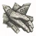 A stack of money bills forming a praying hands gesture, with rap lyrics intertwined within the design tattoo design idea
