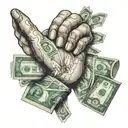 A stack of money bills forming a praying hands gesture, with rap lyrics intertwined within the design tattoo design idea