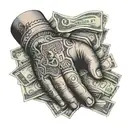 A stack of money bills forming a praying hands gesture, with rap lyrics intertwined within the design tattoo design idea