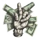 A stack of money bills forming a praying hands gesture, with rap lyrics intertwined within the design tattoo design idea