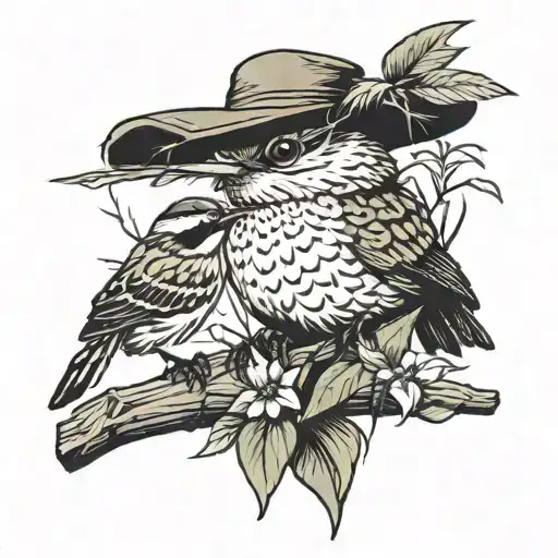 ronin straw hat and sedge warbler perched on branch tattoo design idea