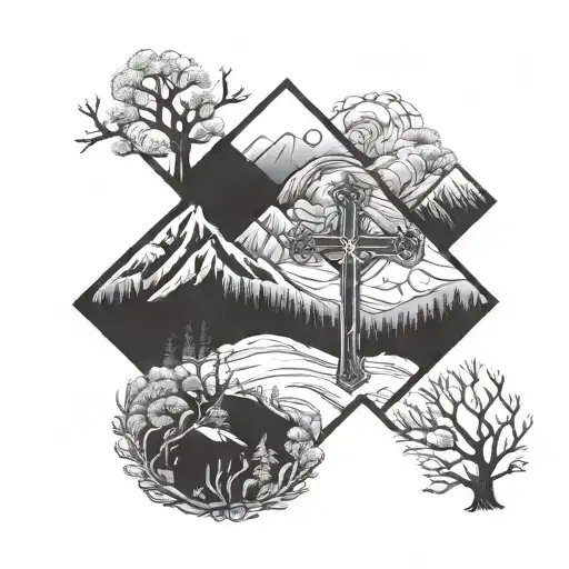 cross with winter mountains and the word Poppop  tattoo design idea