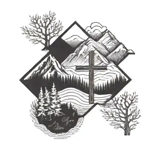 cross with winter mountains and the word Poppop  tattoo design idea