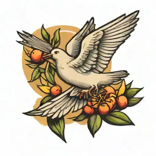 dove flying with an olive branch in beak tattoo design idea