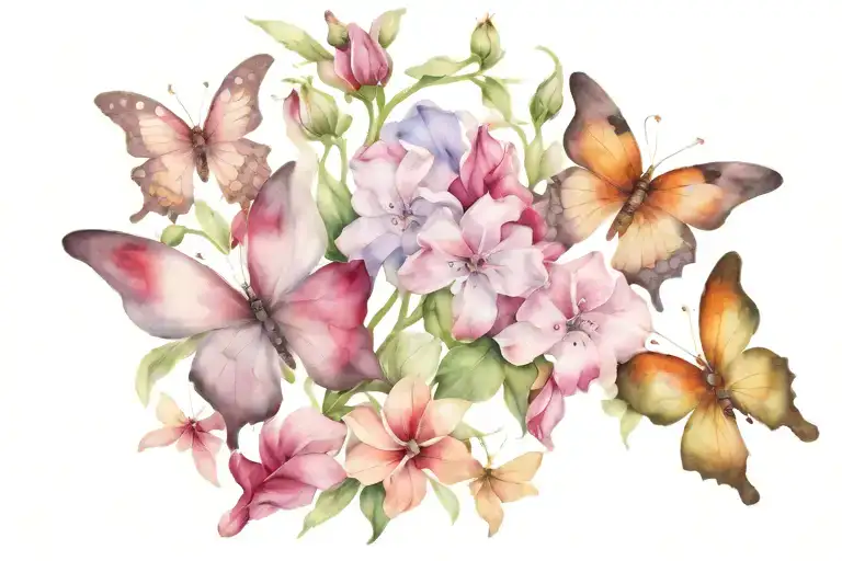 Butterflies and Sweetpea flower  tattoo design idea