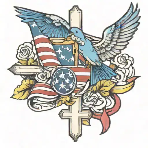 us flag religious cross and a blue bird flying away tattoo design idea