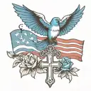 us flag religious cross and a blue bird flying away tattoo design idea