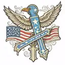 us flag religious cross and a blue bird flying away tattoo design idea