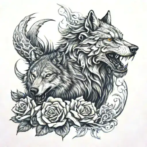 wolf and dragon with rose tattoo design idea
