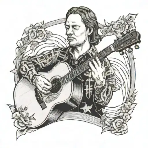 A portrait of Billy Strings with a bluegrass background tattoo design idea