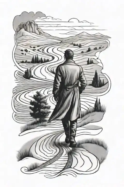 winding road into the distane solo male walking away tattoo design idea