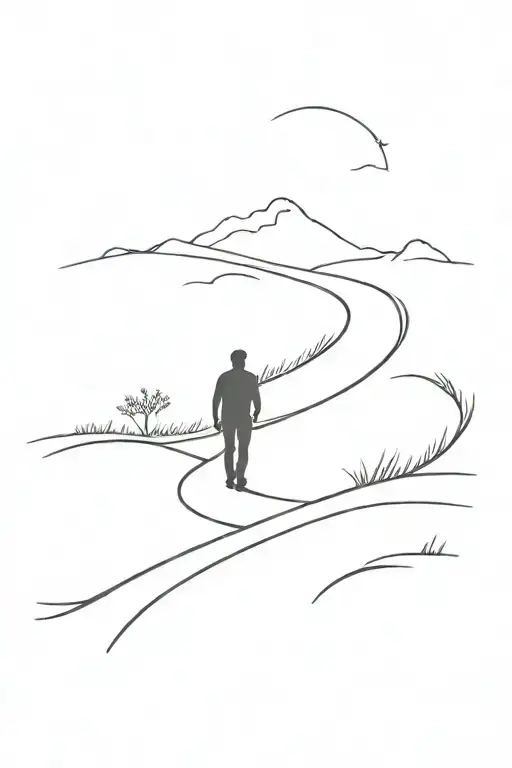 winding road into the distance solo male walking away tattoo design idea