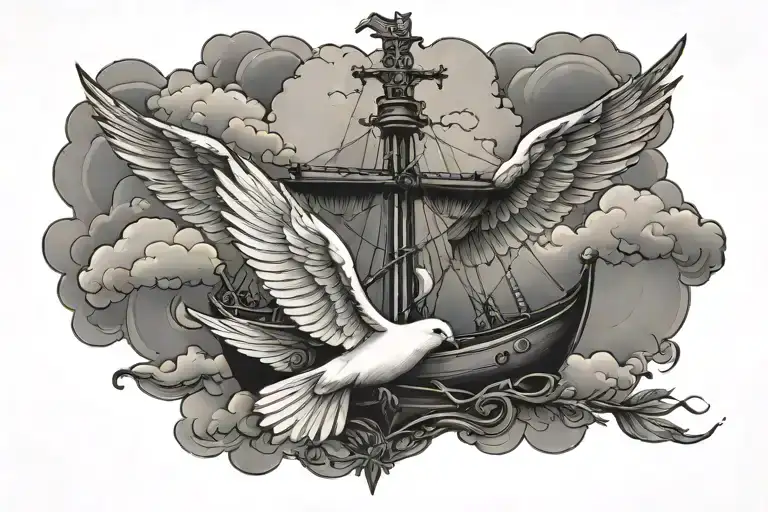 Cristian cross with dove and clouds with a Portuguese navy boat in the background  tattoo design idea