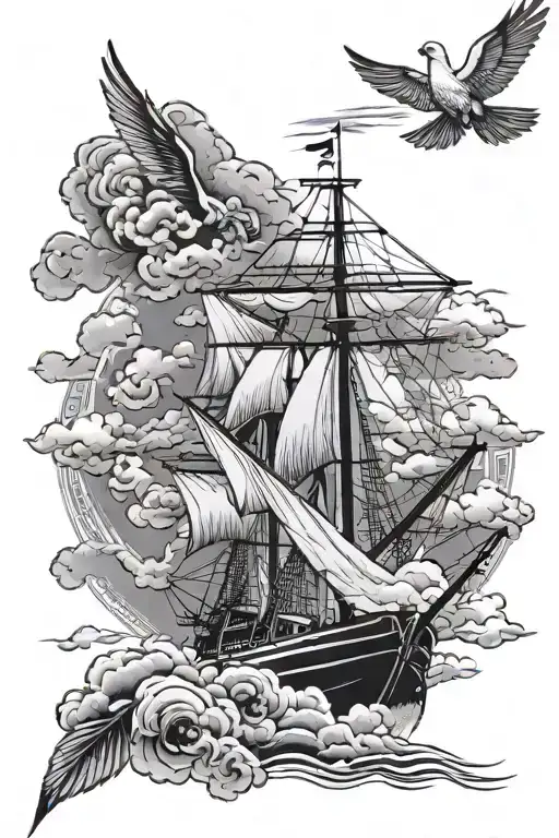 half arm sleeve, Cristian cross with dove and clouds with a Portuguese navy boat in the background   tattoo design idea