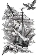 half arm sleeve, Cristian cross with dove and clouds with a Portuguese navy boat in the background   tattoo design idea