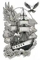 half arm sleeve, Cristian cross with dove and clouds with a Portuguese navy boat in the background   tattoo design idea