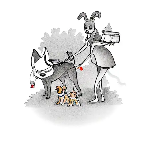 A tattoo of a mother and child walking their dogs through a whimsical forest, with the dogs carrying books in their mouths tattoo design idea