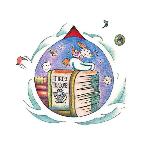A tattoo of a cozy reading nook with a stack of books featuring your favorite children's book characters, surrounded by acoustic music notes tattoo design idea