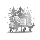 A tattoo of a mother and child walking their dogs through a whimsical forest, with the dogs carrying books in their mouths tattoo design idea