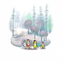 A tattoo of a mother and child walking their dogs through a whimsical forest, with the dogs carrying books in their mouths tattoo design idea