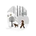 A tattoo of a mother and child walking their dogs through a whimsical forest, with the dogs carrying books in their mouths tattoo design idea