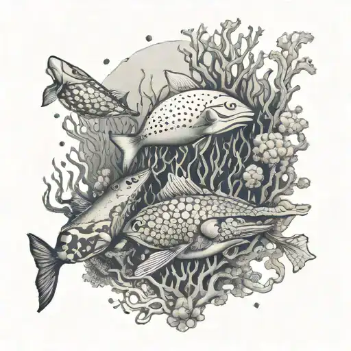 A surreal underwater scene with fantastical sea creatures and coral formations inspired by Enrico's love for marine life tattoo design idea