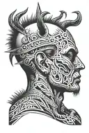 insane head looking guy with messmer spear and crazy hands on body tattoo design idea