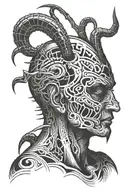 insane head looking guy with messmer spear and crazy hands on body tattoo design idea