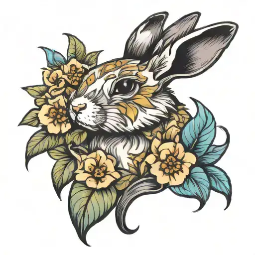 floppy eared rabbit with columbine and aspen  tattoo design idea