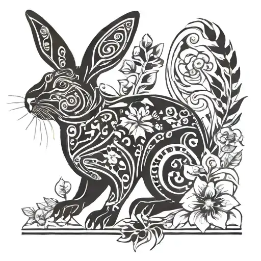 floppy eared rabbit with columbine and aspen  tattoo design idea